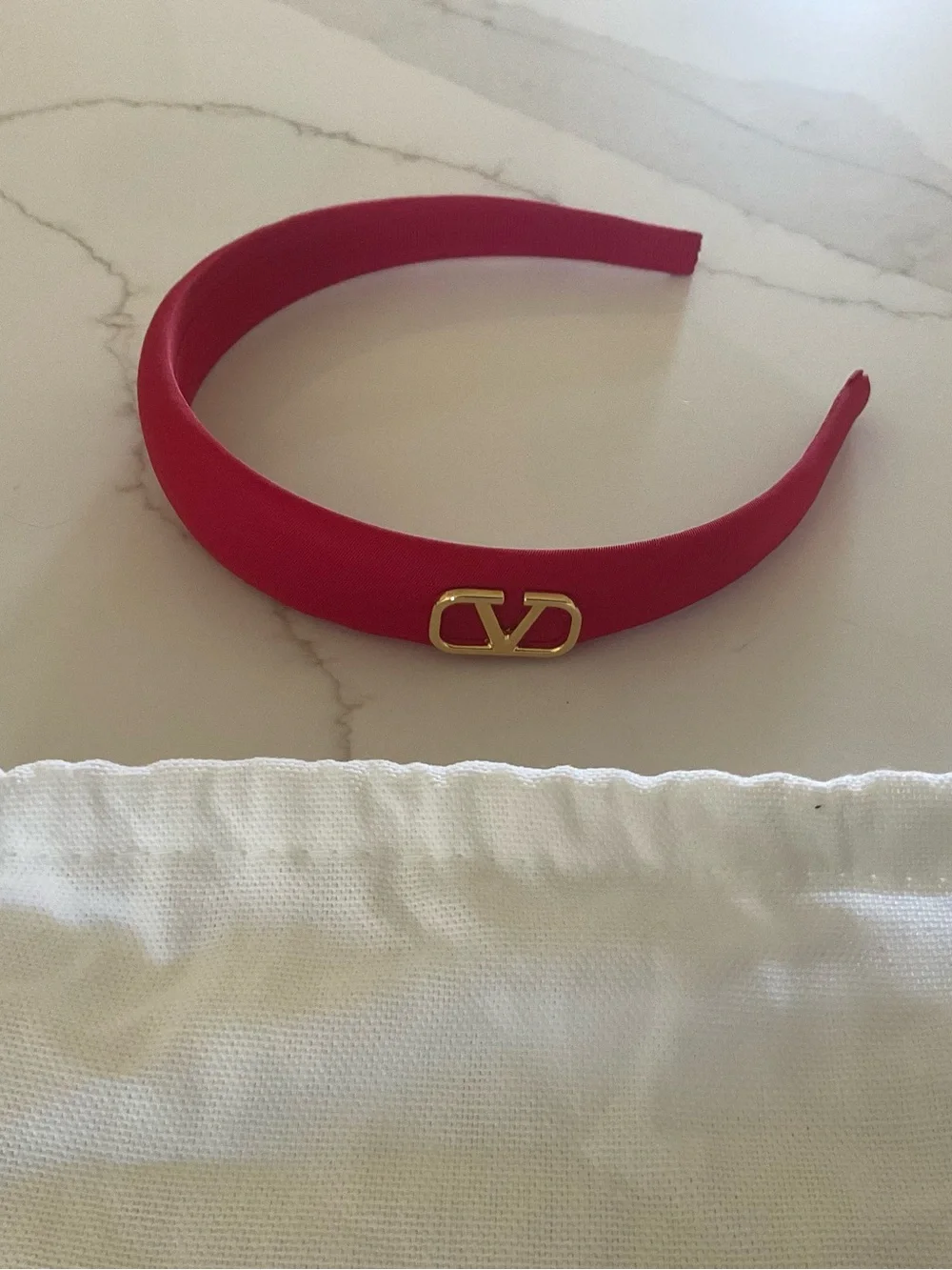 Valentino Garavani Bright Red Leather Headband with Gold Accent